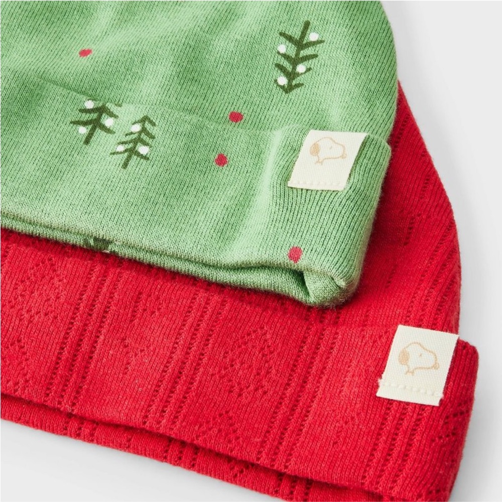 2 PC PEANUTS Snoopy Size Newborn Soft Christmas Beanies Green Red Trees